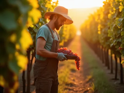 Vineyard Worker Harvesting Fresh Red Grapes At Sunset