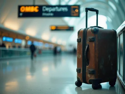 Brown Suitcase Standing Alone In An Airport Terminal