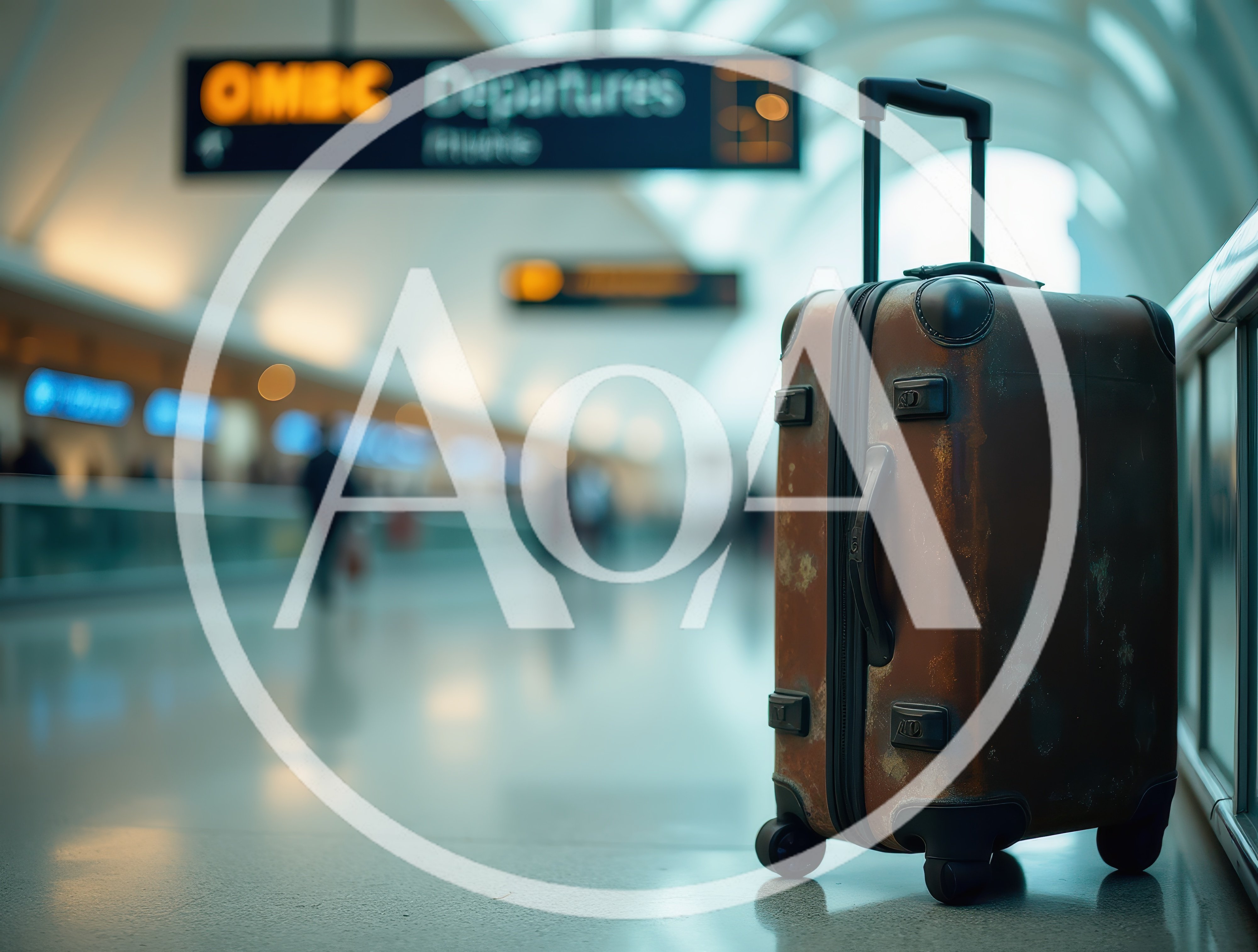 Brown Suitcase Standing Alone In An Airport Terminal