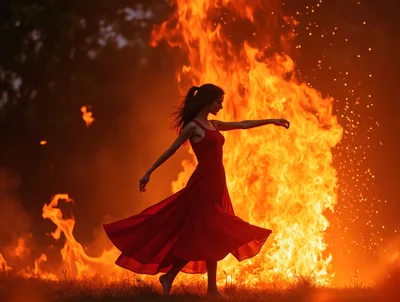 Woman In Red Dress Dancing Before A Large Fire