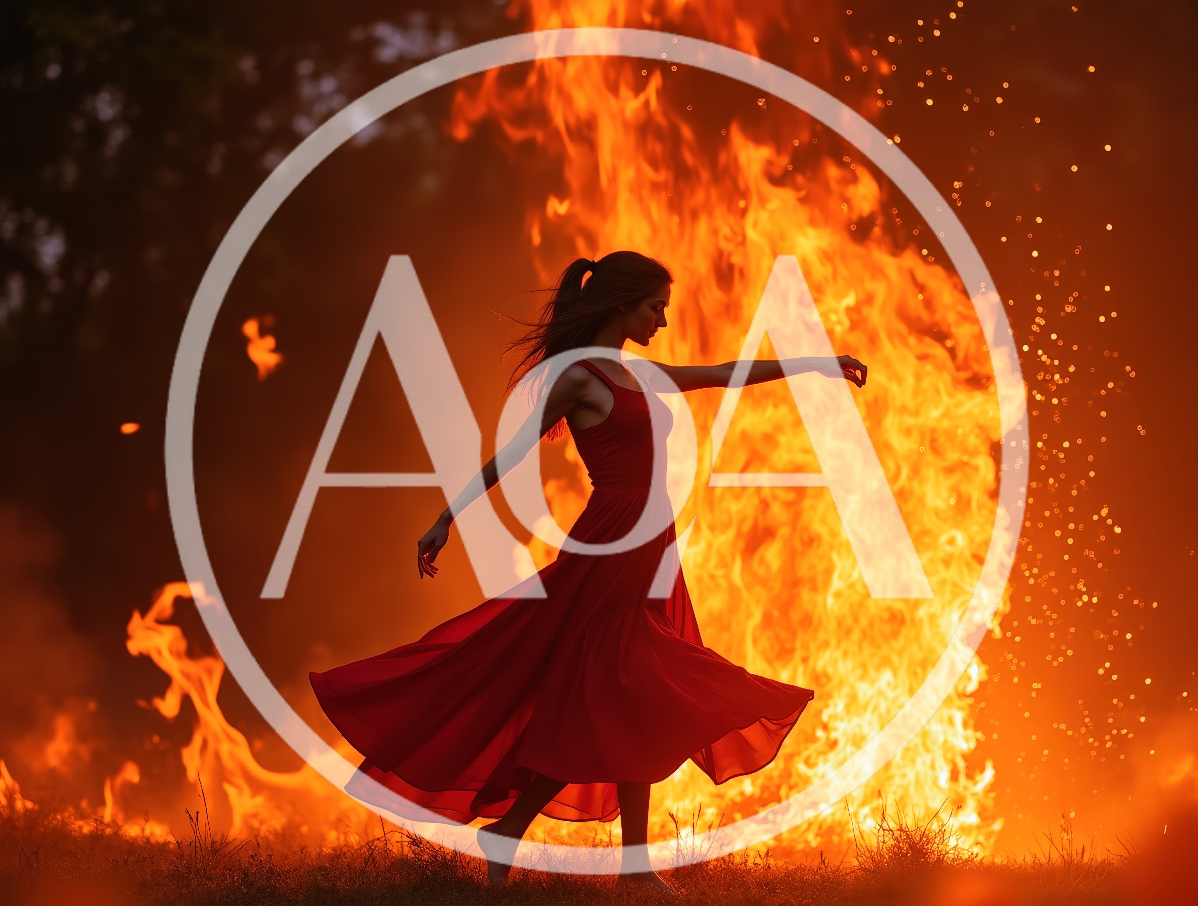 Woman In Red Dress Dancing Before A Large Fire