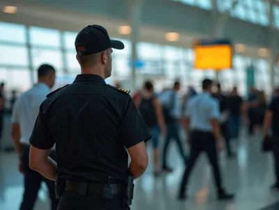 Security Guard Standing In A Busy Airport Terminal