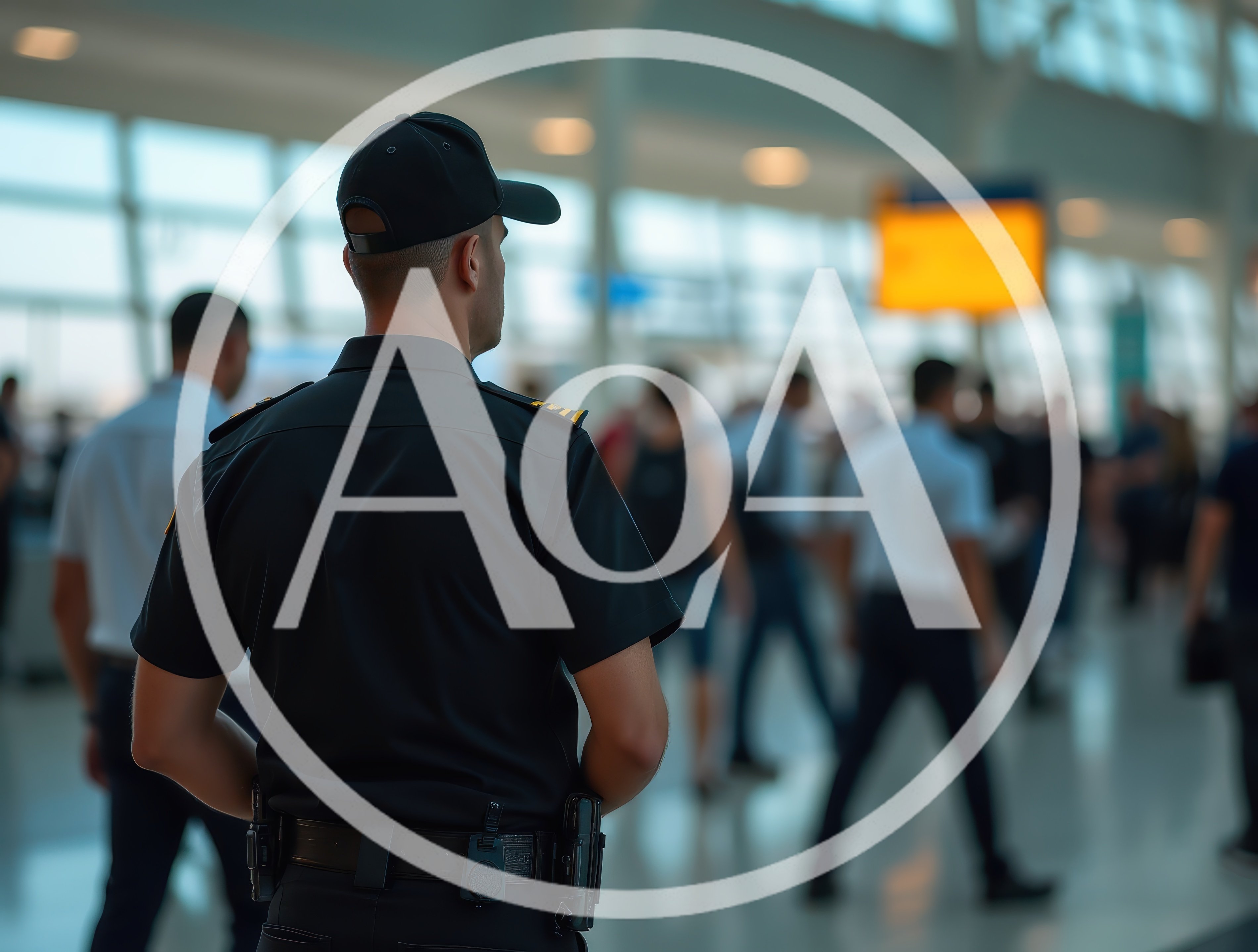 Security Guard Standing In A Busy Airport Terminal