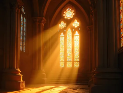 Sunlight Streaming Through Stained Glass Windows In Gothic Cathedral