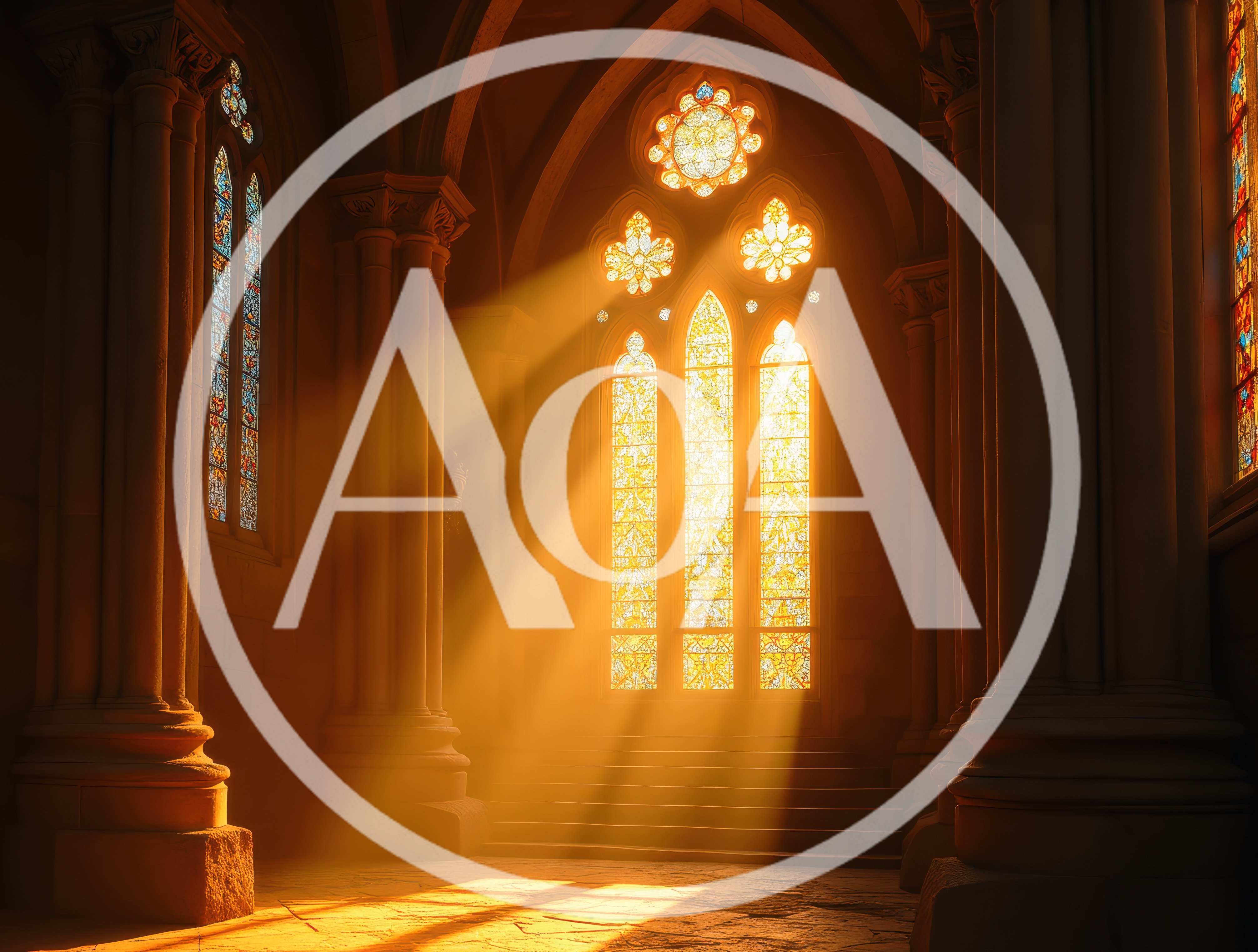 Sunlight Streaming Through Stained Glass Windows In Gothic Cathedral