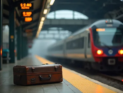 Vintage Leather Suitcase Left On A Train Station Platform