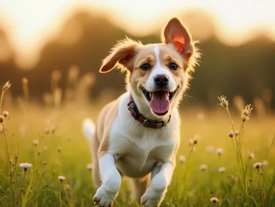 Happy Puppy Running Through A Sunny Meadow