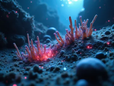 Bioluminescent Coral Structures On Deep Sea Floor