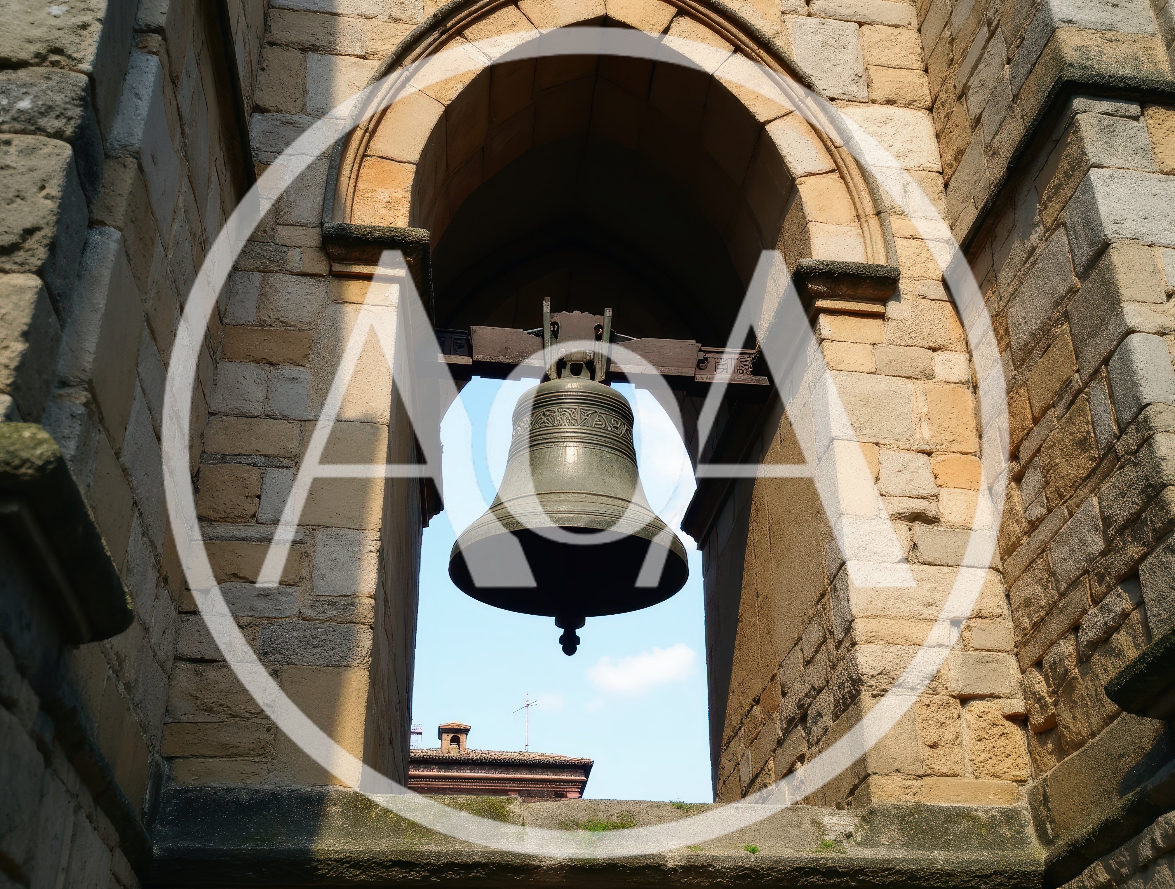 Large Bronze Church Bell Hanging In Stone Archway