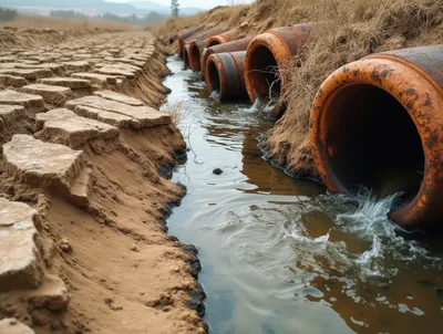 Rusty Drainage Pipes Discharging Water Into A Dry Canal