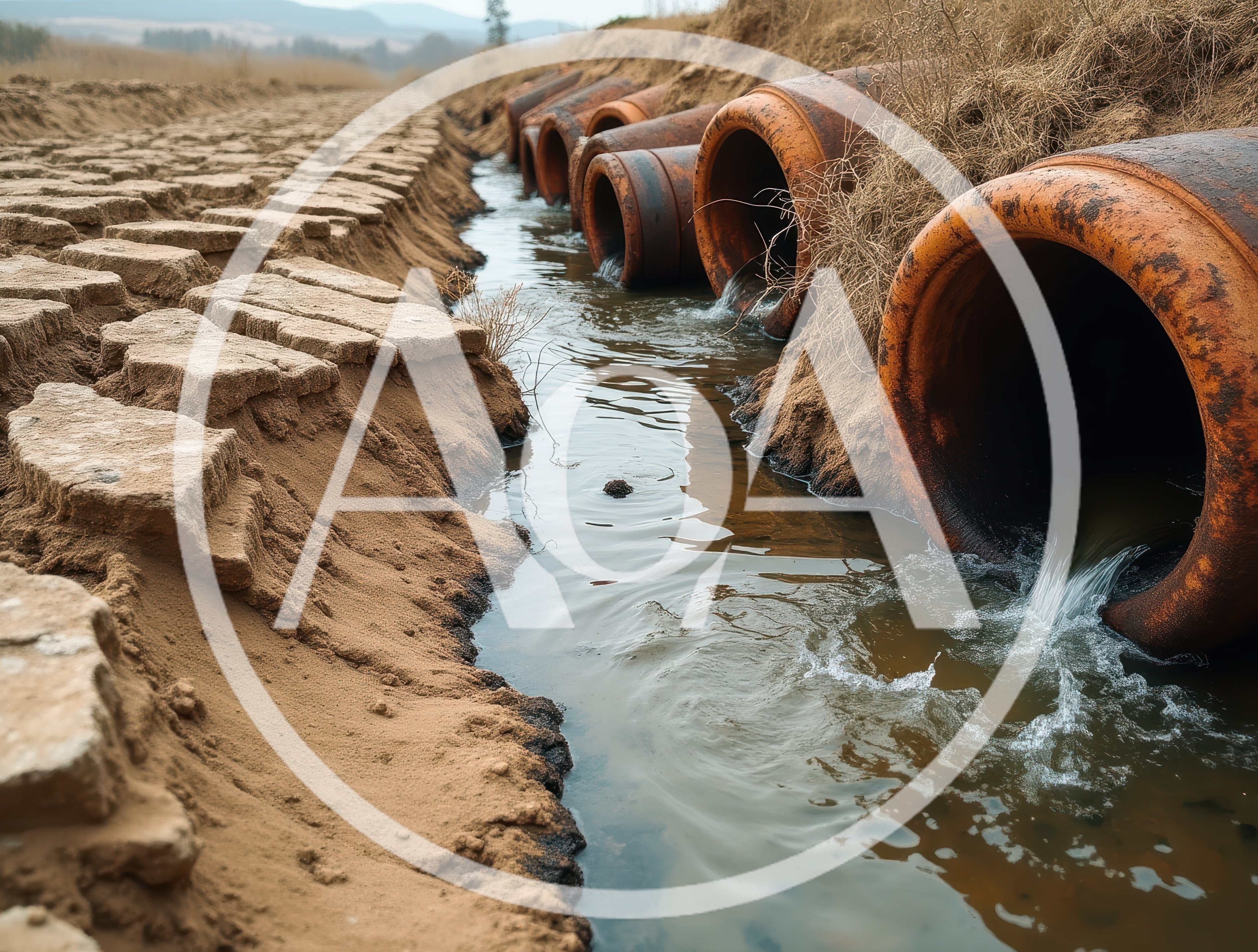 Rusty Drainage Pipes Discharging Water Into A Dry Canal
