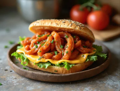 Gourmet Sandwich With Glazed Meat Strips And Cheese