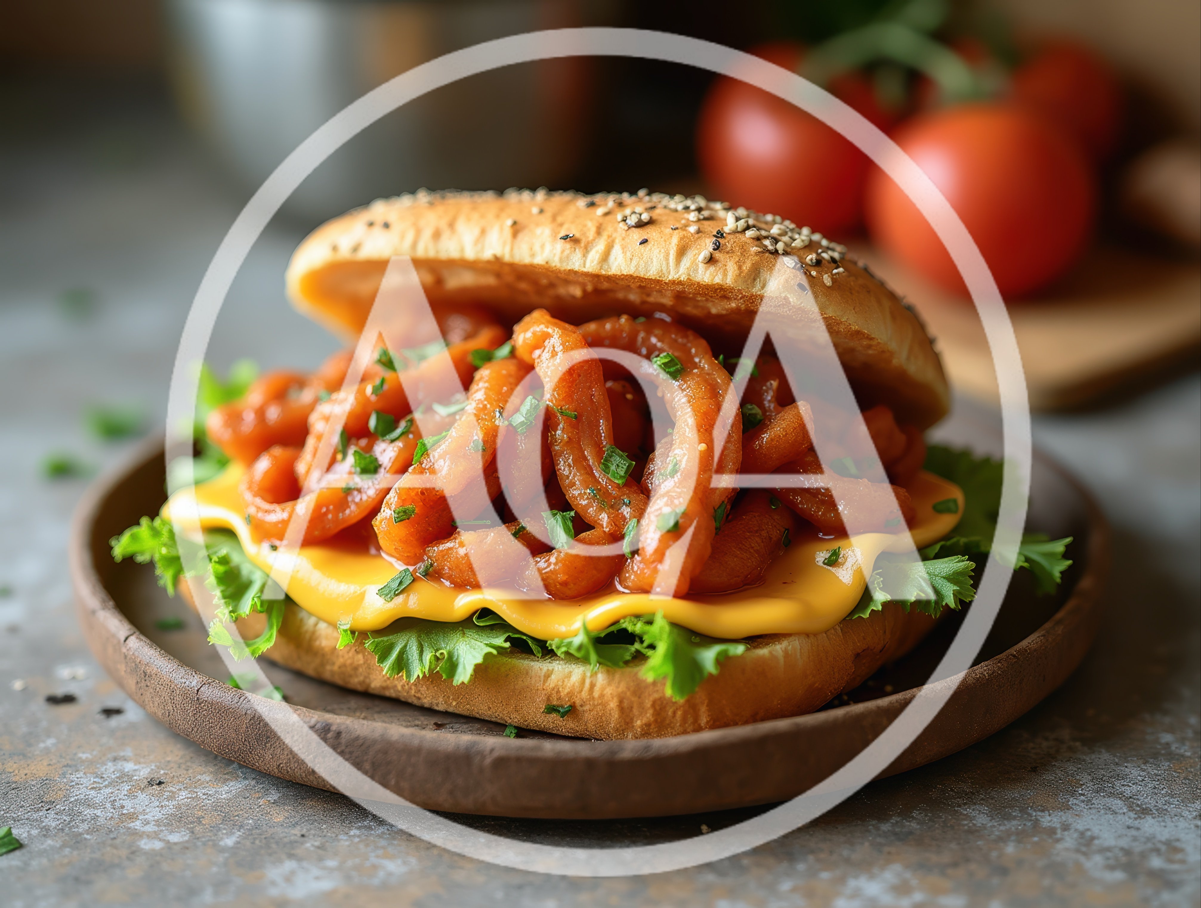 Gourmet Sandwich With Glazed Meat Strips And Cheese