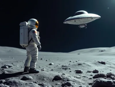 Astronaut Encountering A UFO On The Moon Surface