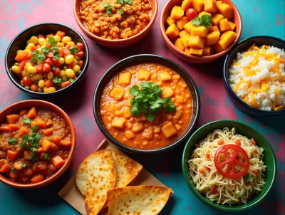Assorted Indian Dishes Served In Colorful Bowls