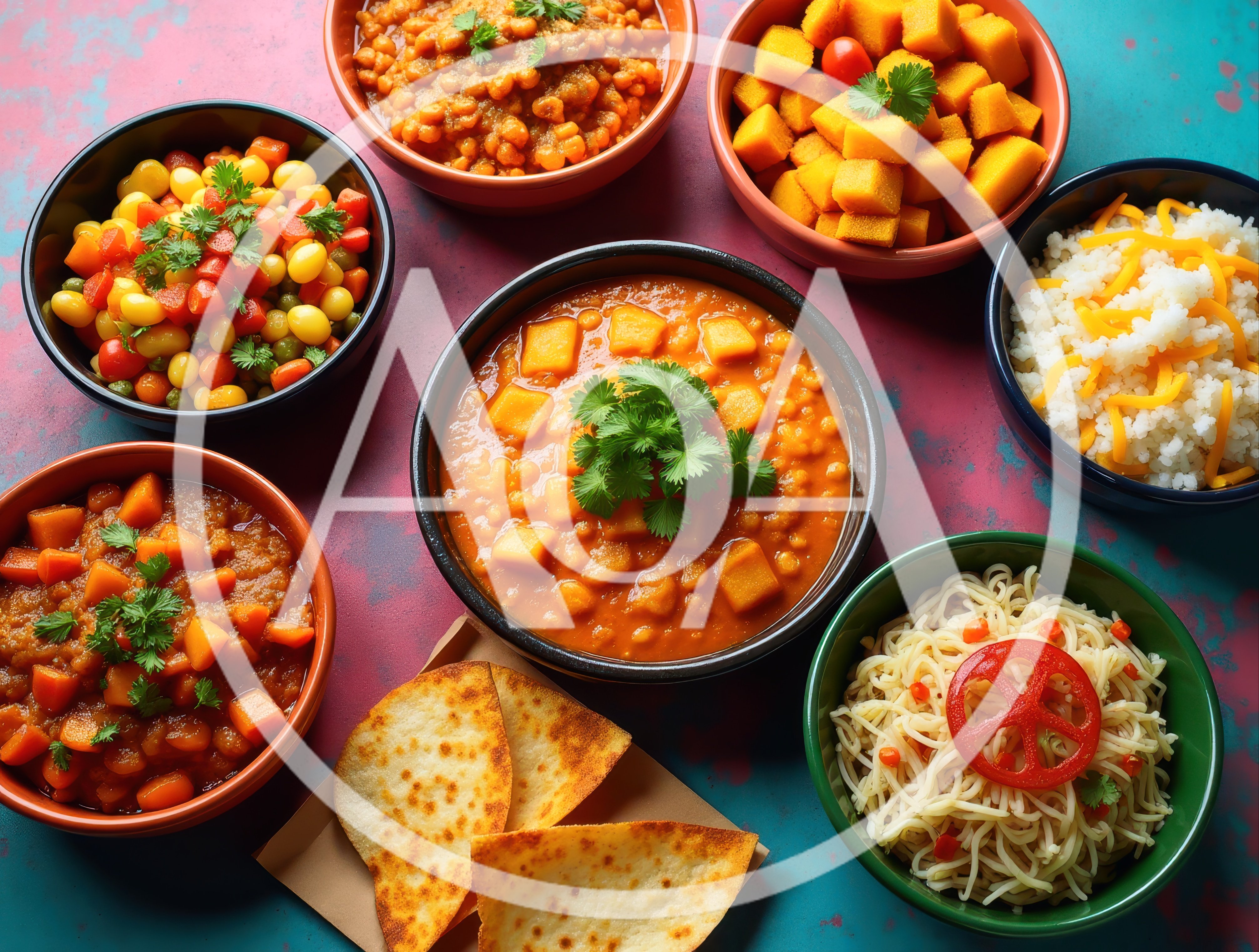 Assorted Indian Dishes Served In Colorful Bowls