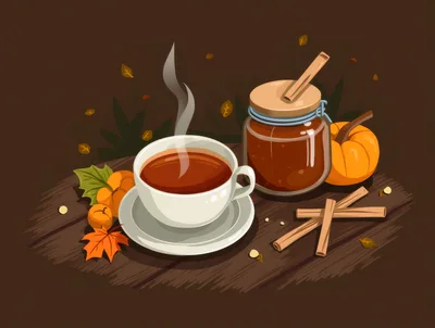 Autumn Pumpkin Spice Tea With Cinnamon And Leaves