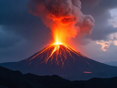 Volcanic Eruption With Glowing Lava Flows And Ash Cloud