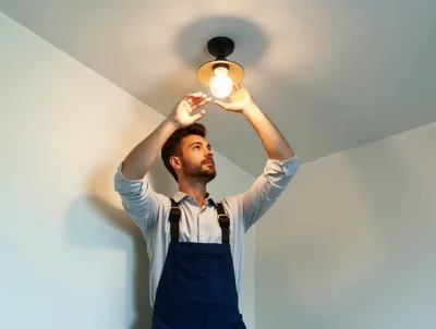 Electrician Installing A Light Bulb In A Ceiling Fixture