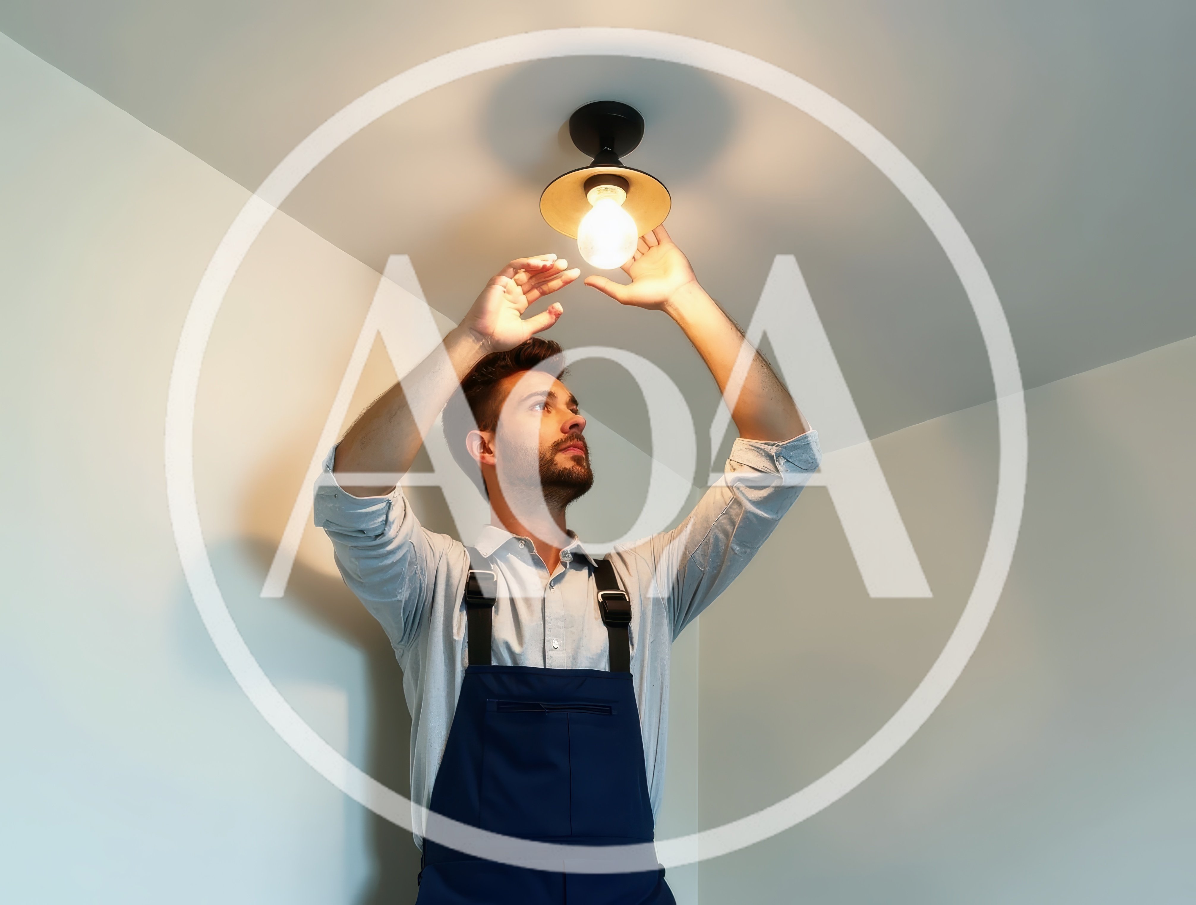 Electrician Installing A Light Bulb In A Ceiling Fixture