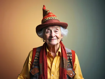 Portrait Of An Elderly Woman Wearing A Wizard Hat