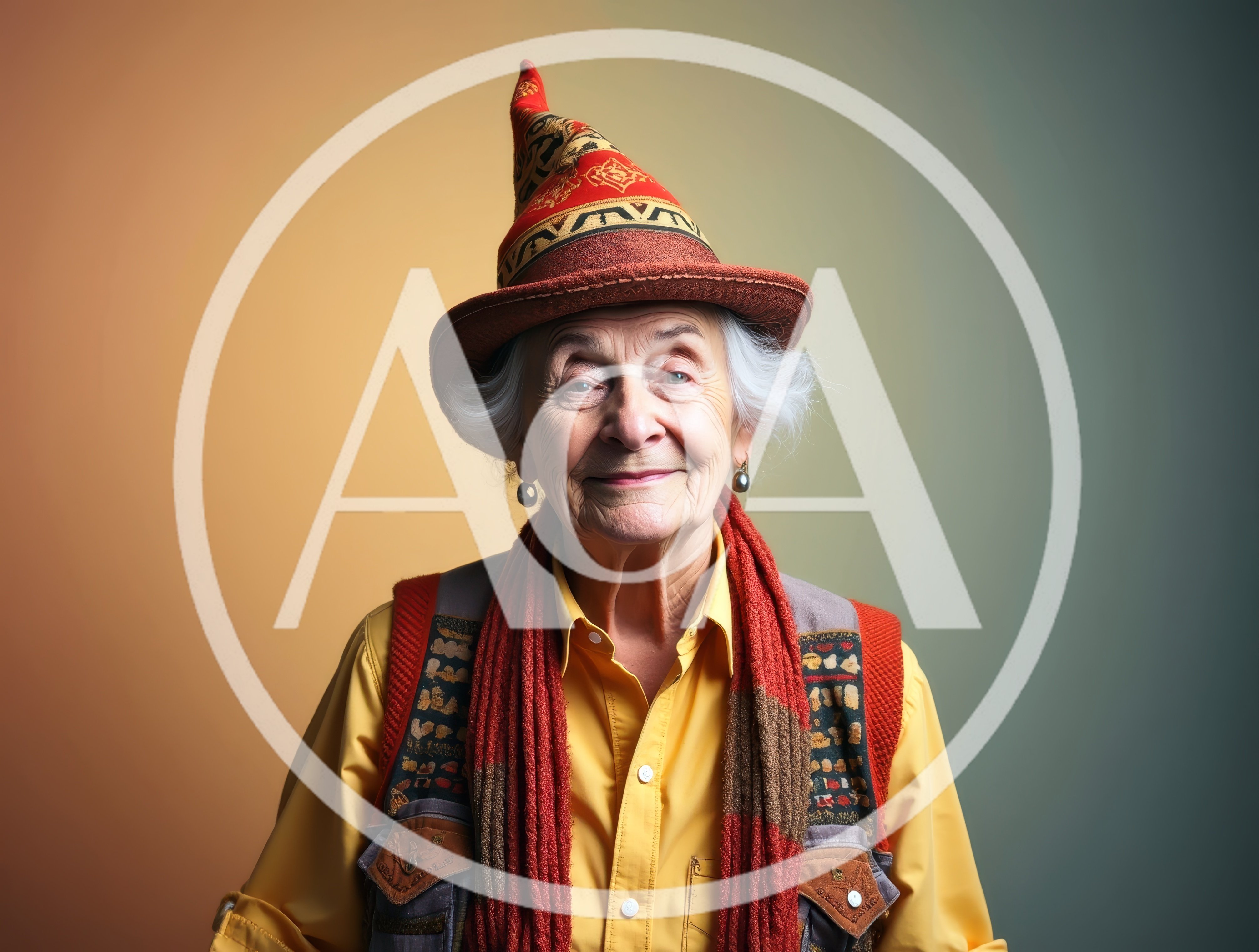 Portrait Of An Elderly Woman Wearing A Wizard Hat
