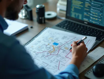 Architect Reviewing Technical Blueprints At A Desk