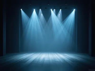 Empty Stage With Blue Spotlight Beams
