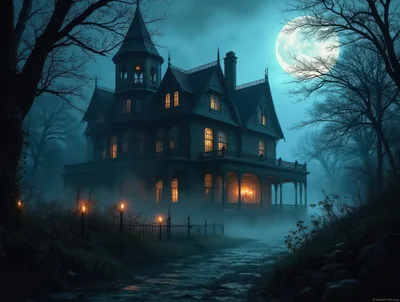 Spooky Victorian Mansion Under Full Moon