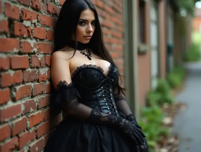 Gothic Woman Leaning Against A Red Brick Wall