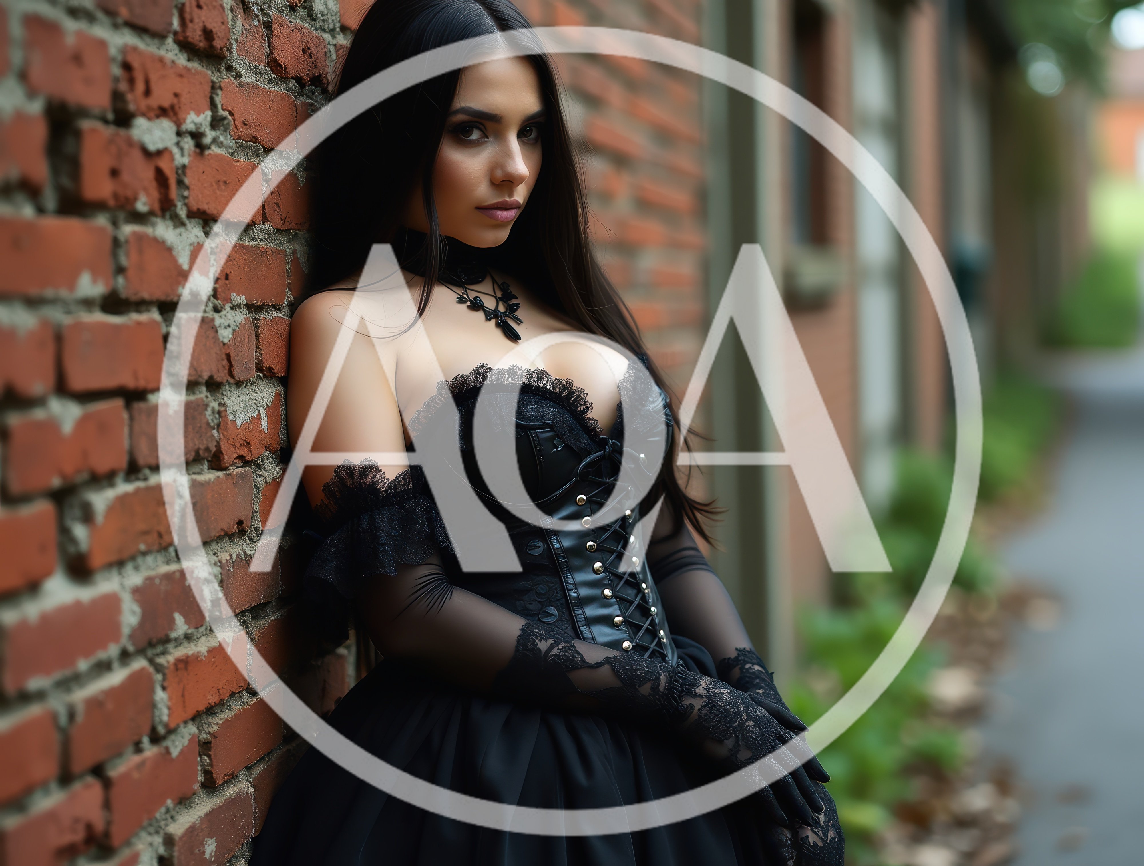 Gothic Woman Leaning Against A Red Brick Wall