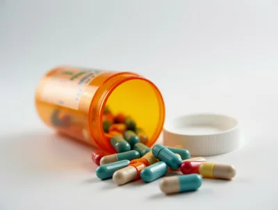 Prescription Medication Bottle Spilling Colorful Capsules