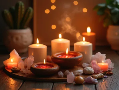 Spiritual Meditation Setup With Candles And Crystals