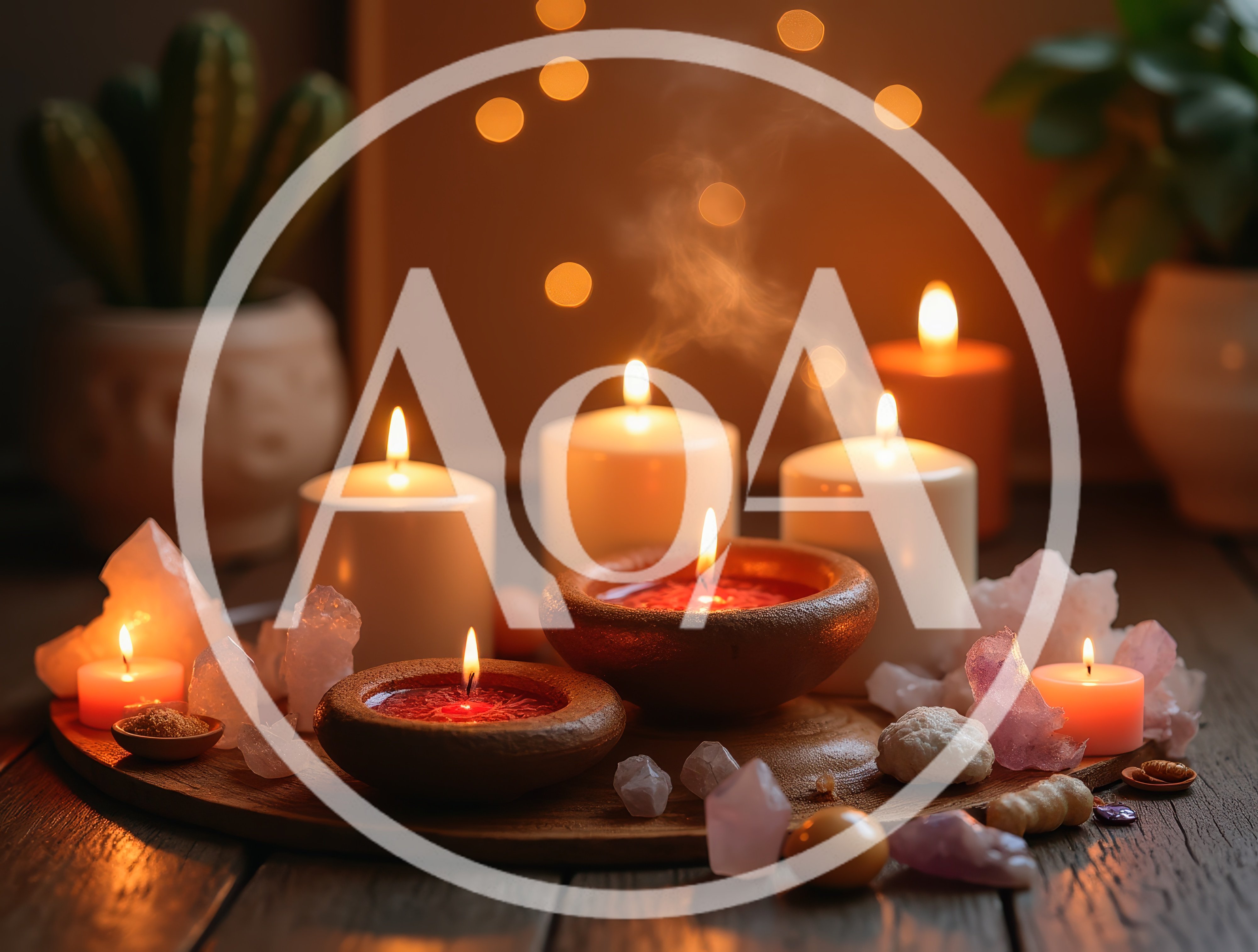 Spiritual Meditation Setup With Candles And Crystals