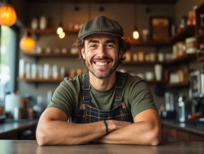 Smiling Barista Leaning On A Coffee Shop Counter