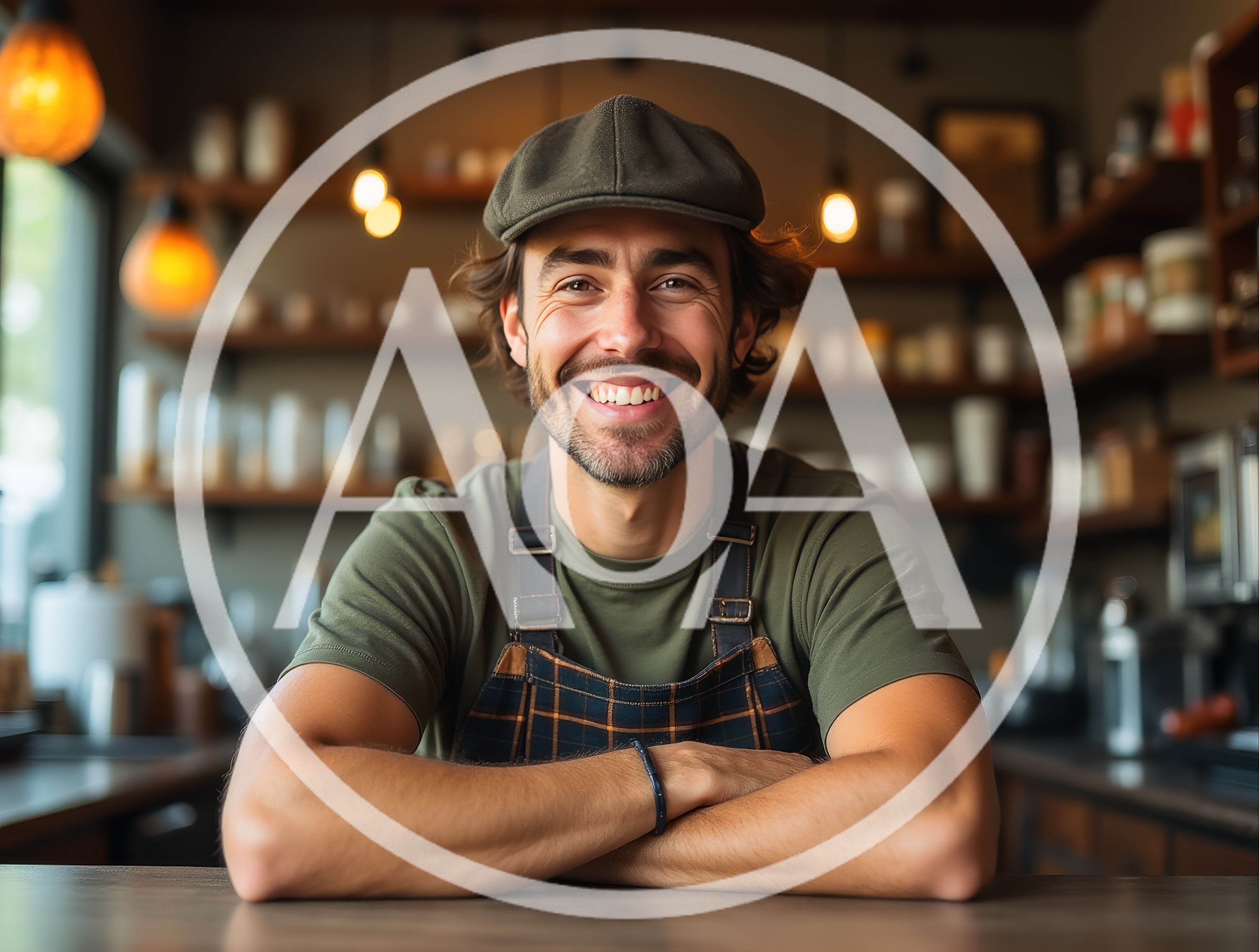 Smiling Barista Leaning On A Coffee Shop Counter