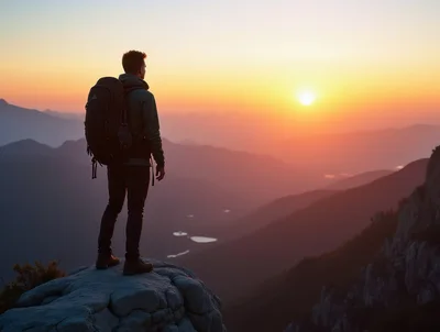 Hiker Standing On Mountain Peak At Sunset