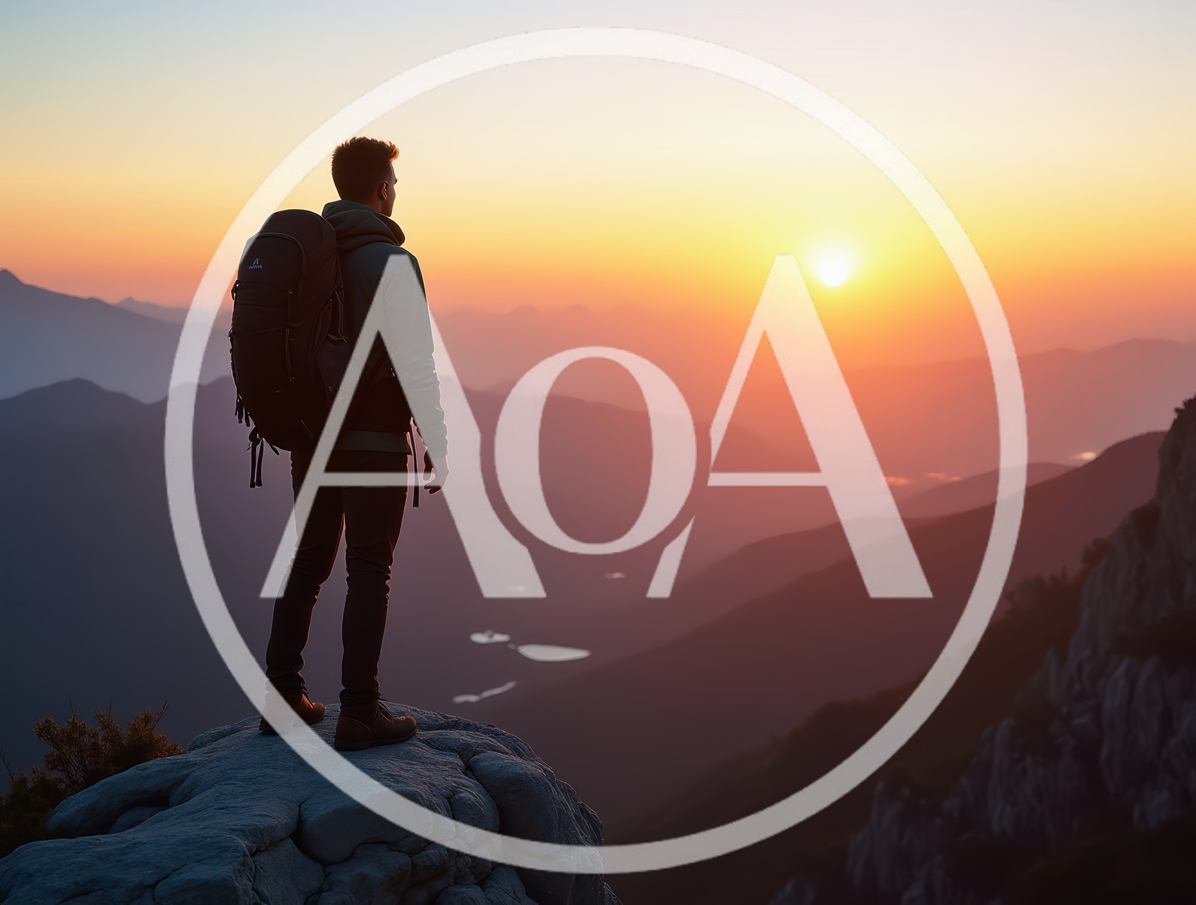 Hiker Standing On Mountain Peak At Sunset