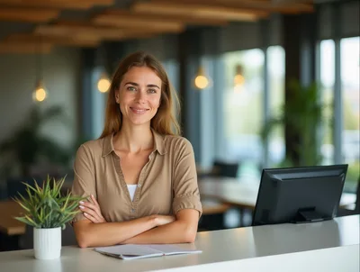 Friendly Receptionist Standing Behind Office Desk