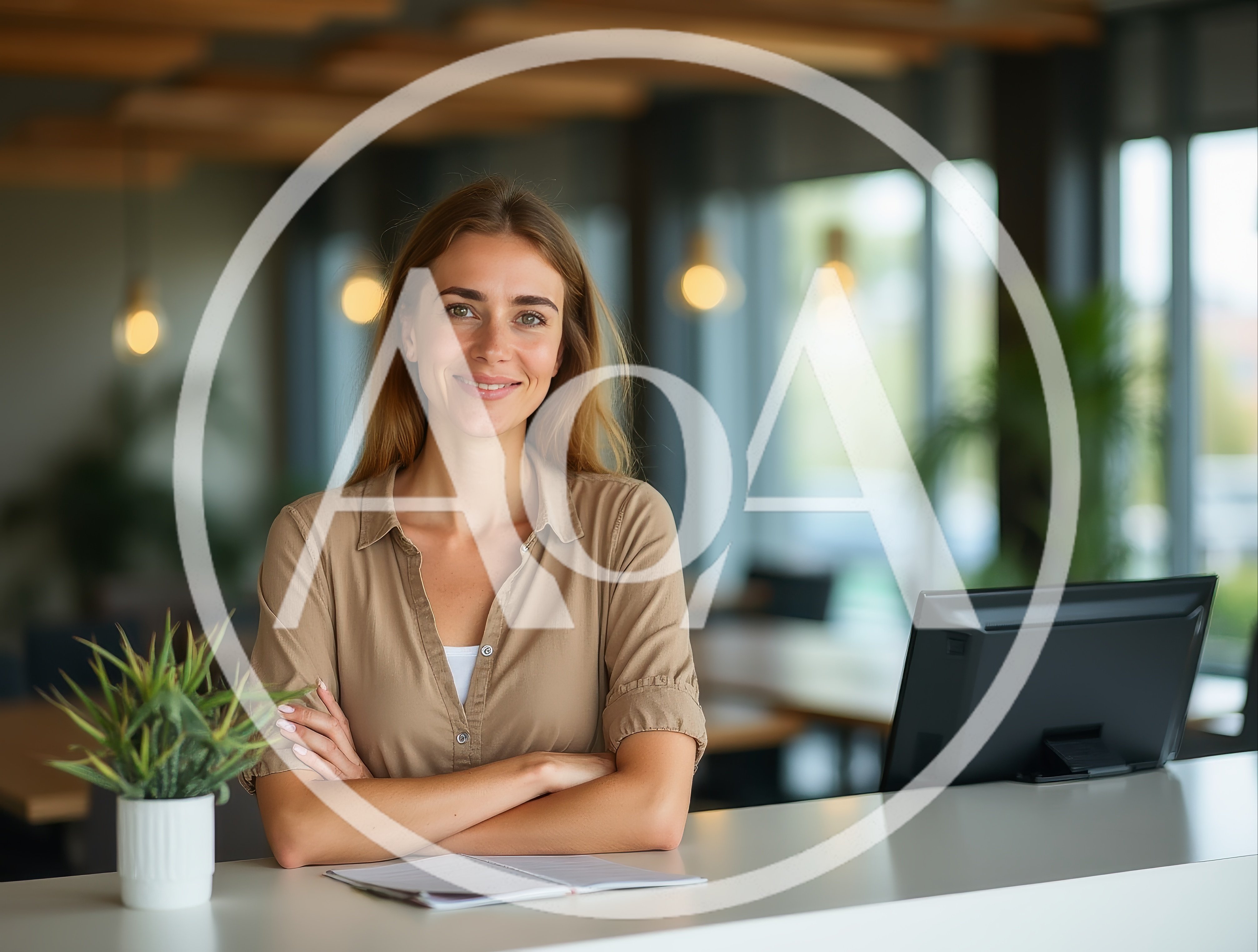 Friendly Receptionist Standing Behind Office Desk