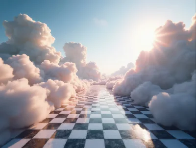 Surreal Checkerboard Path Leading Through Dreamy Clouds