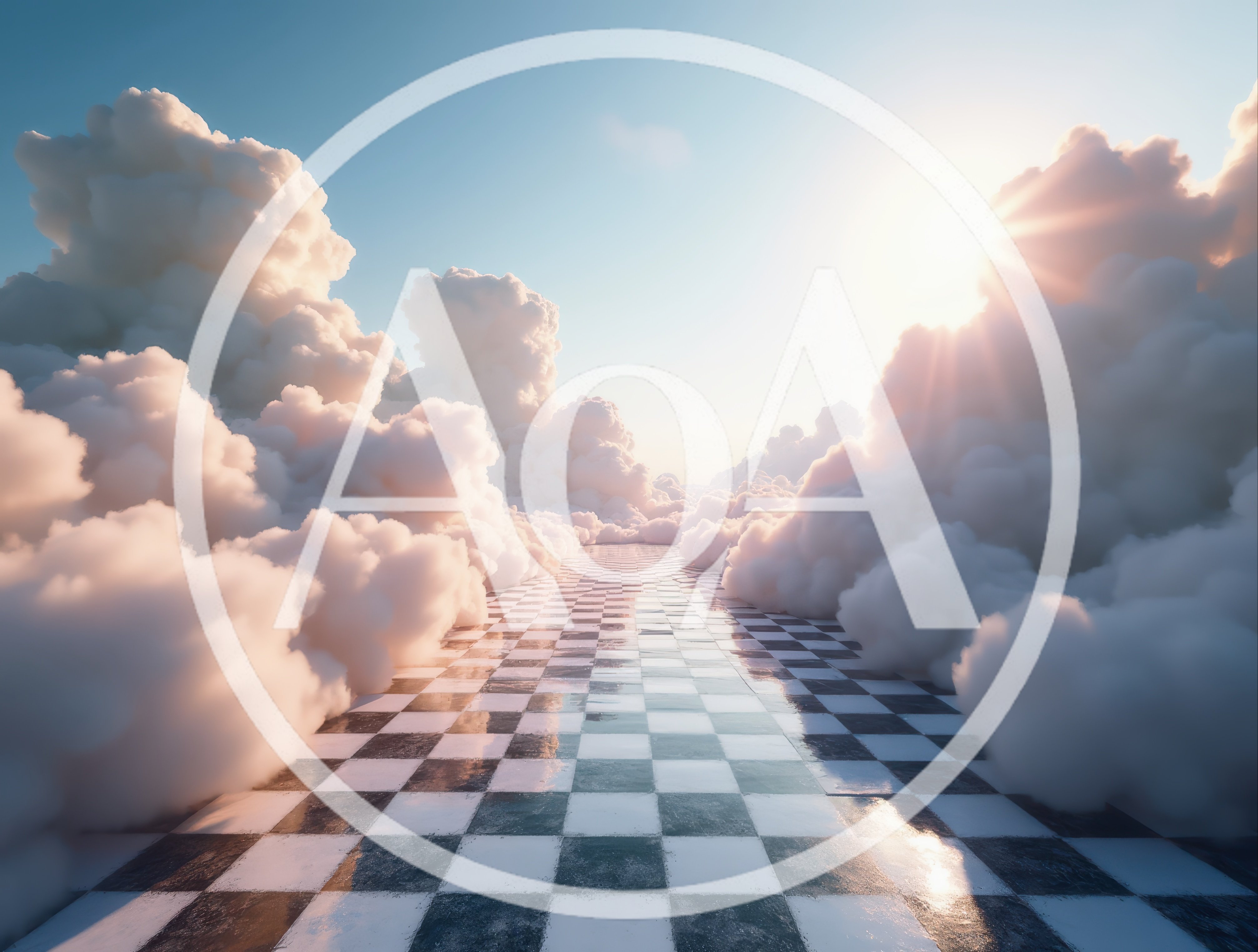 Surreal Checkerboard Path Leading Through Dreamy Clouds
