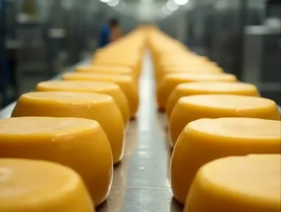 Rows Of Cheese Wheels On A Factory Conveyor Belt