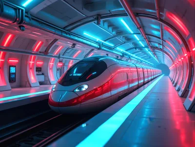 Futuristic High Speed Train In Neon Tunnel