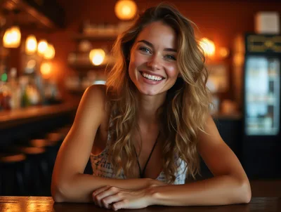 Smiling Young Woman Sitting At A Bar Counter