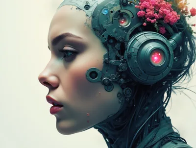 Cyborg Woman With Floral Accents And Mechanical Headgear