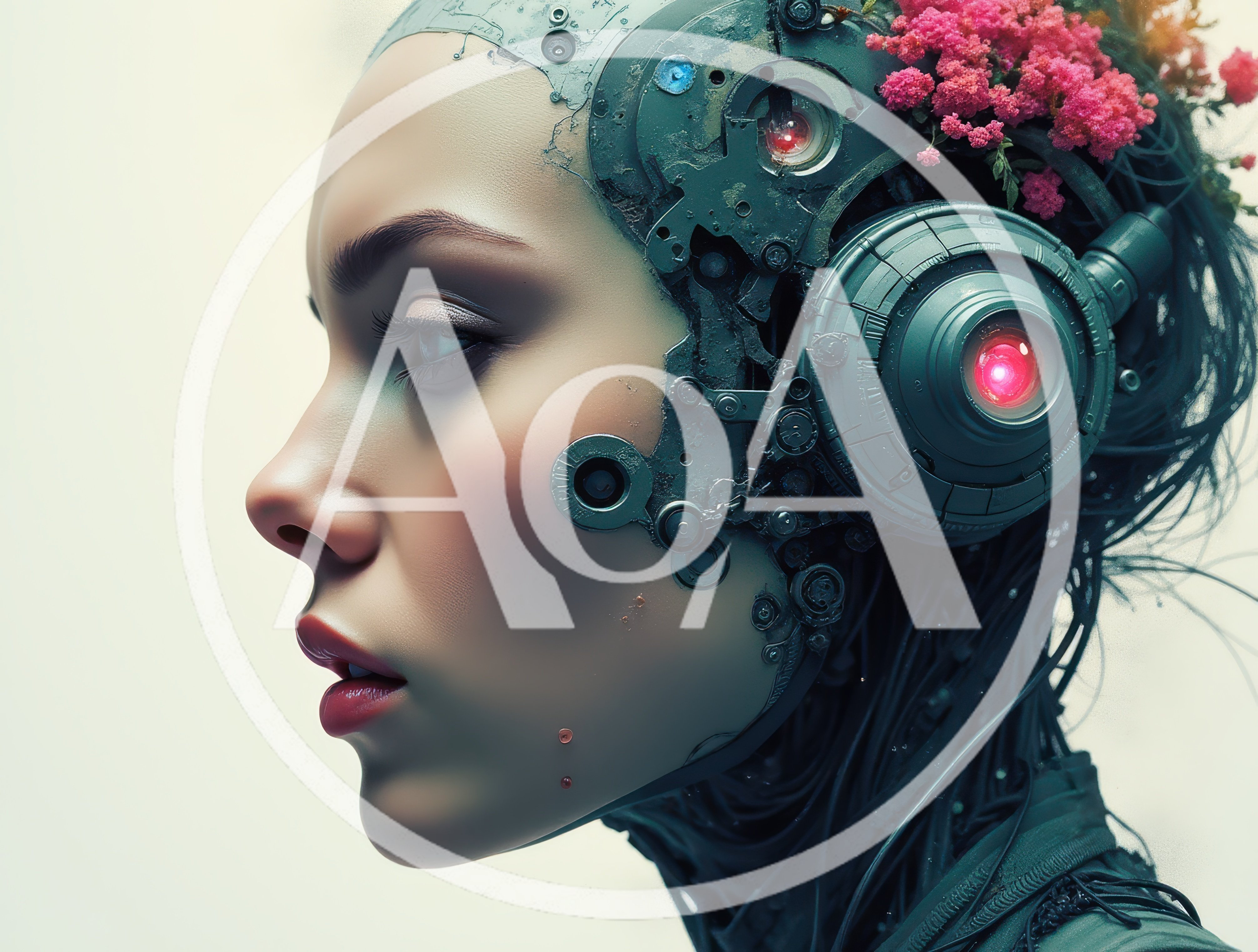 Cyborg Woman With Floral Accents And Mechanical Headgear