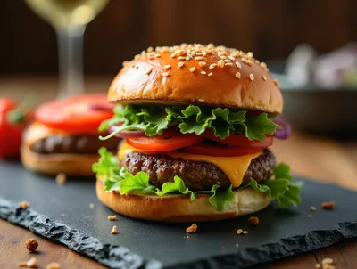 Gourmet Cheeseburger Served On A Slate Platter