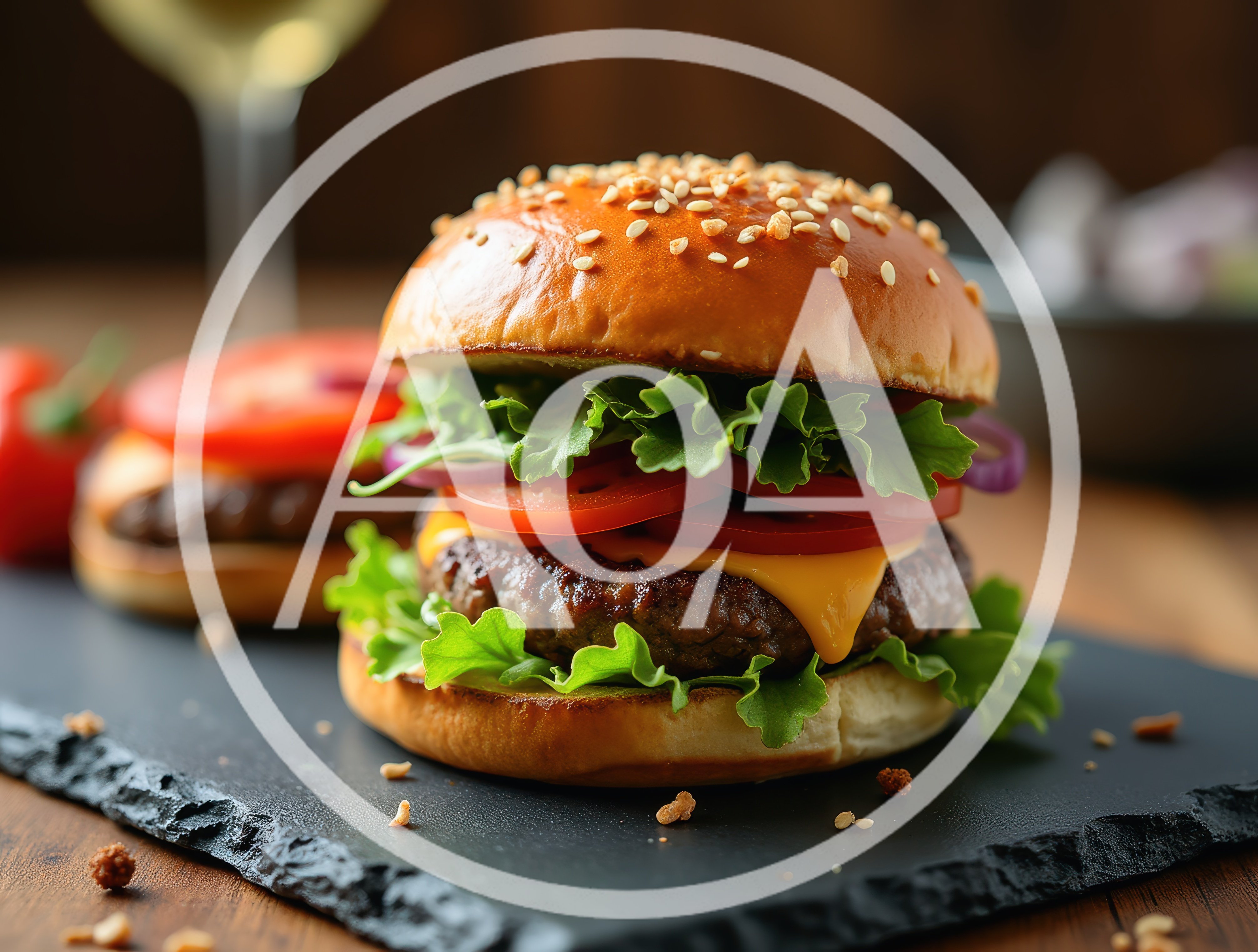 Gourmet Cheeseburger Served On A Slate Platter