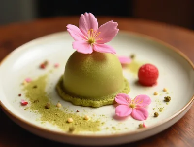 Matcha Mousse Dessert With Cherry Blossom Garnish